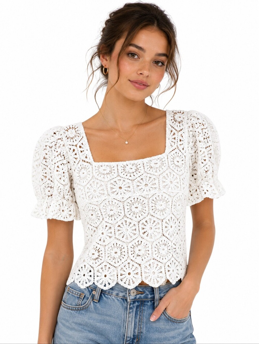 Qed London Crochet Knit Top White Boho Cottagecore Puff Sleeve S/M